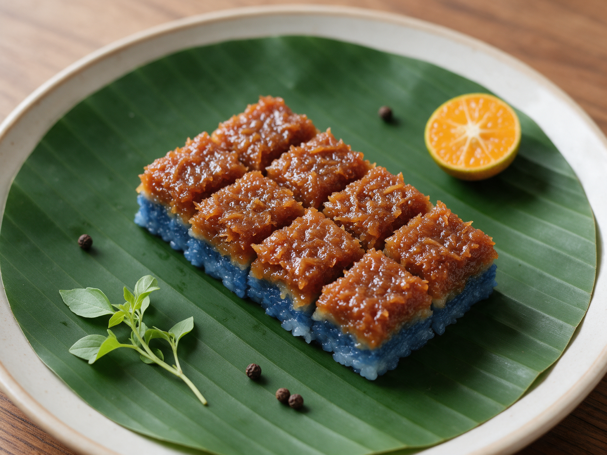 Overhead shot of blue diamond-cut pulut tai tai with glossy caramelized coconut topping on a banana leaf lined plate.