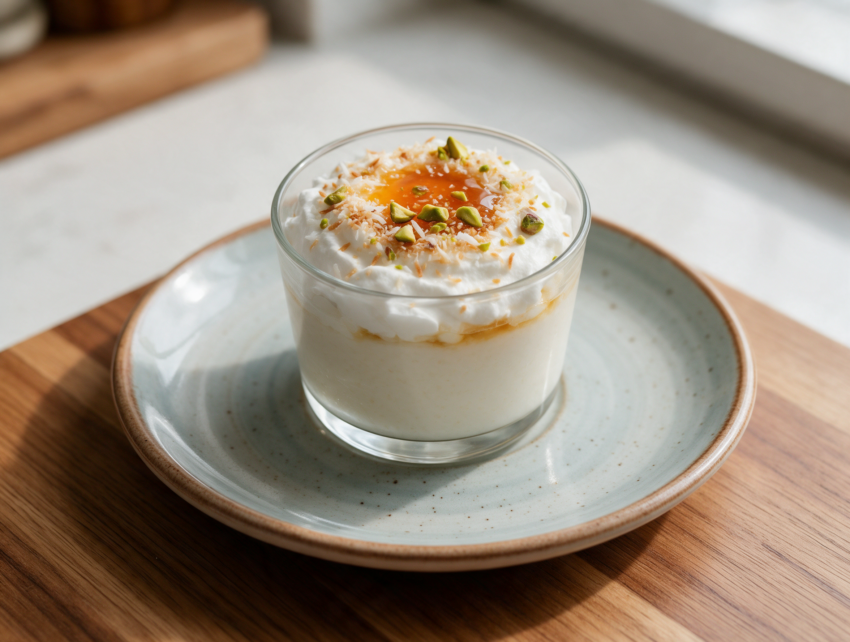 Glass cup of layali lubnan with whipped cream, toasted coconut, and pistachios under a pool of orange blossom syrup on a wooden table