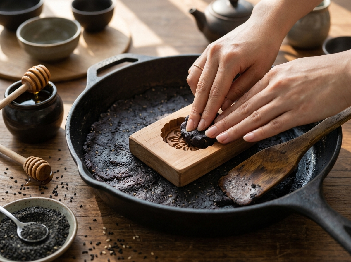 Hands pressing dark sesame dough into a wooden dasik mold cavity, dough balls and toasted seeds scattered on a wooden board