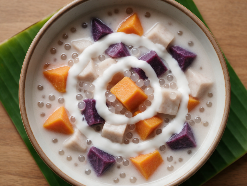 Overhead bowl of bubur cha cha showing orange and purple sweet potato cubes, taro, and sago pearls in coconut broth