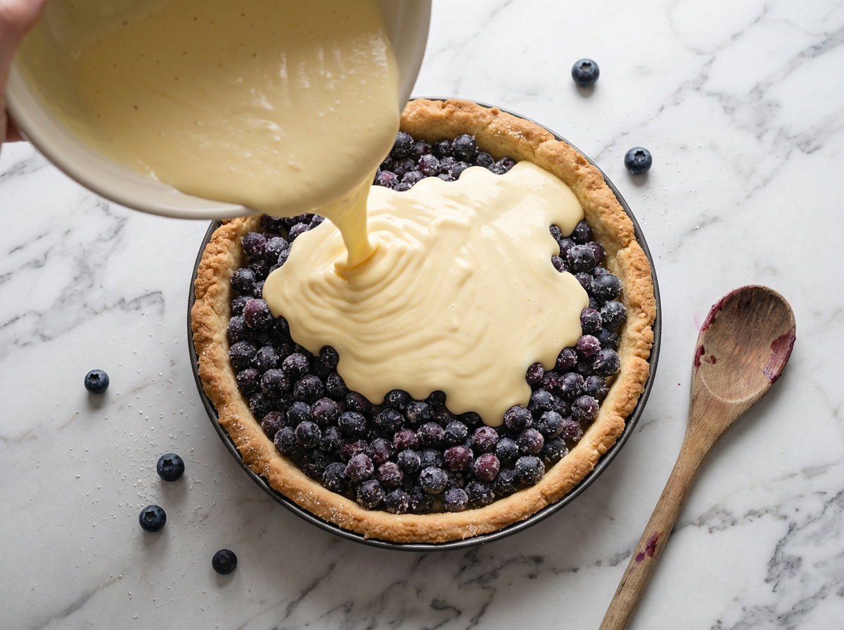 Sour cream custard being poured over a bowl of sugared blueberries inside a par-baked tart shell.