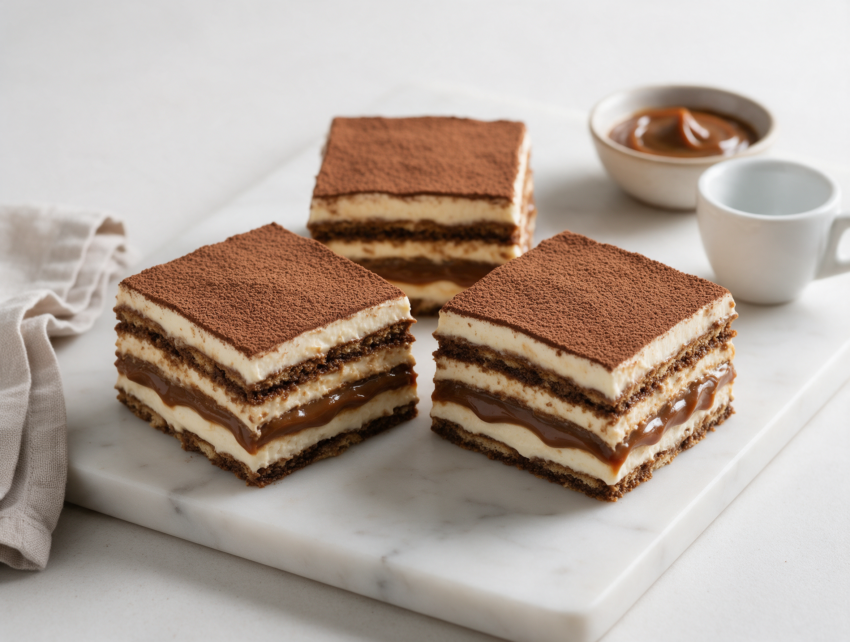 Overhead view of sliced chocotorta squares dusted with cocoa powder on a marble board, dulce de leche layers visible at the cut edge.