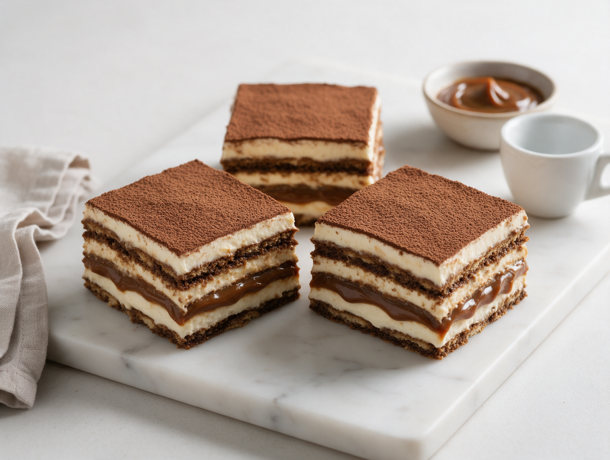 Overhead view of sliced chocotorta squares dusted with cocoa powder on a marble board, dulce de leche layers visible at the cut edge.
