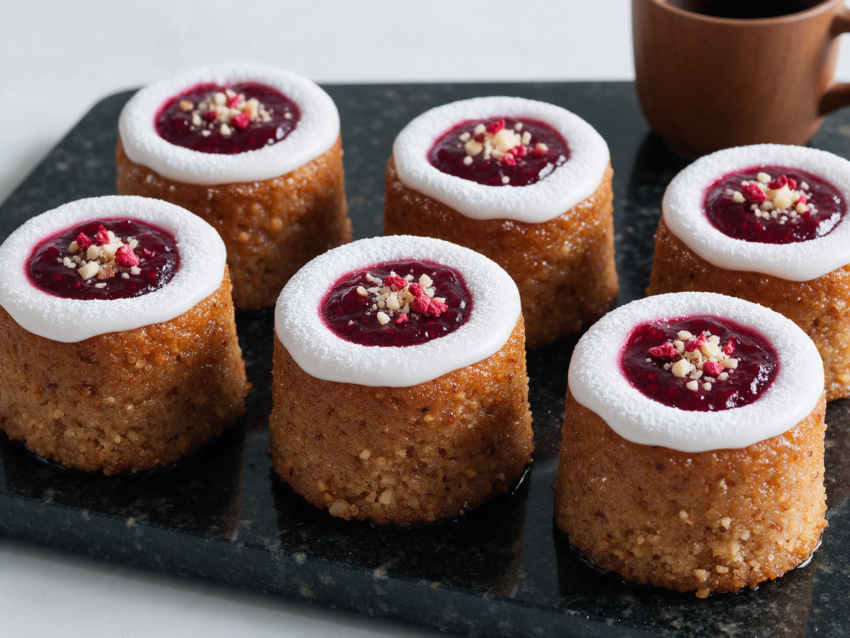 Six Runeberg tortes with icing rings and raspberry jam centers arranged on a marble board with powdered sugar dusting