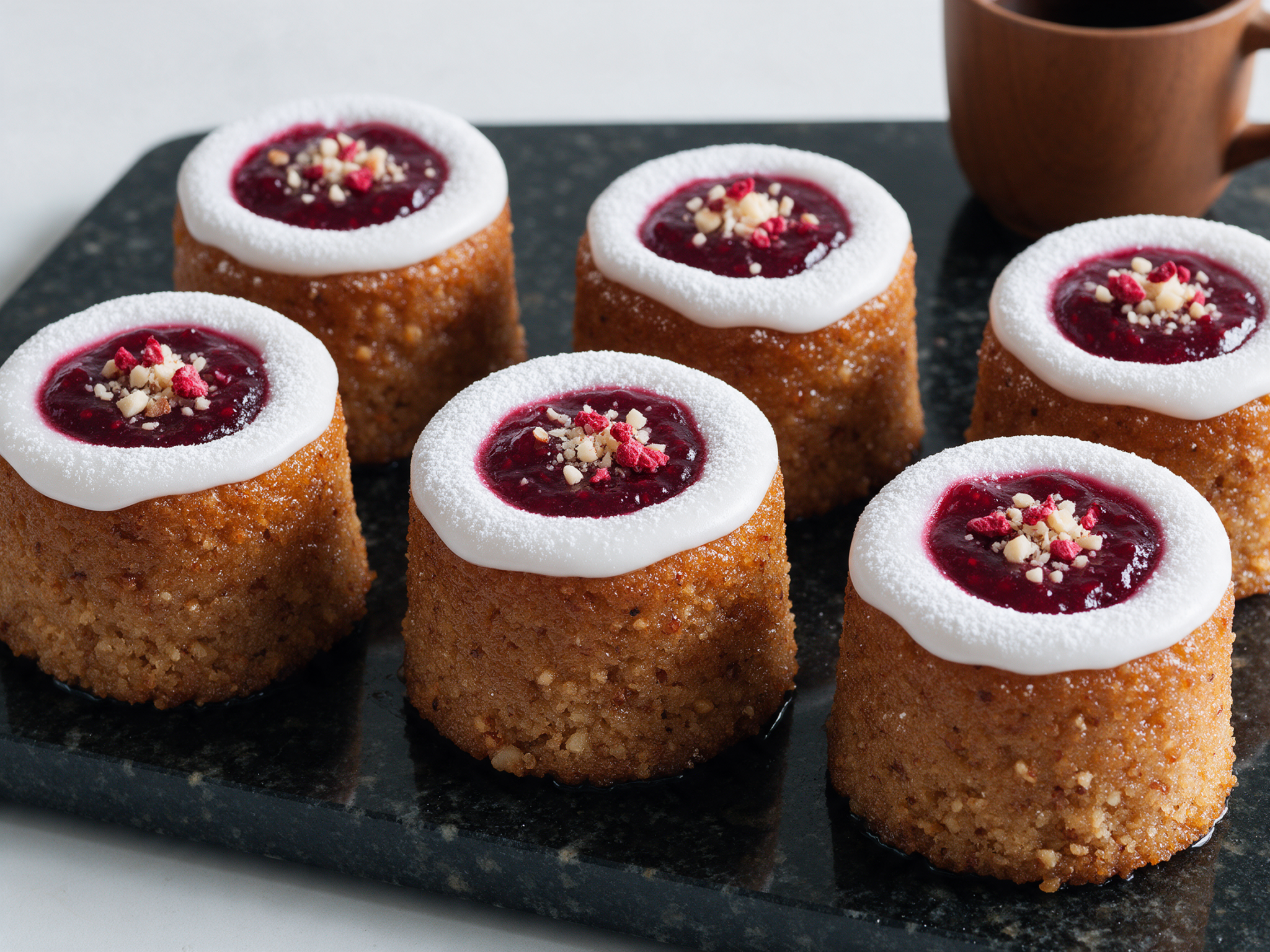 Six Runeberg tortes with icing rings and raspberry jam centers arranged on a marble board with powdered sugar dusting