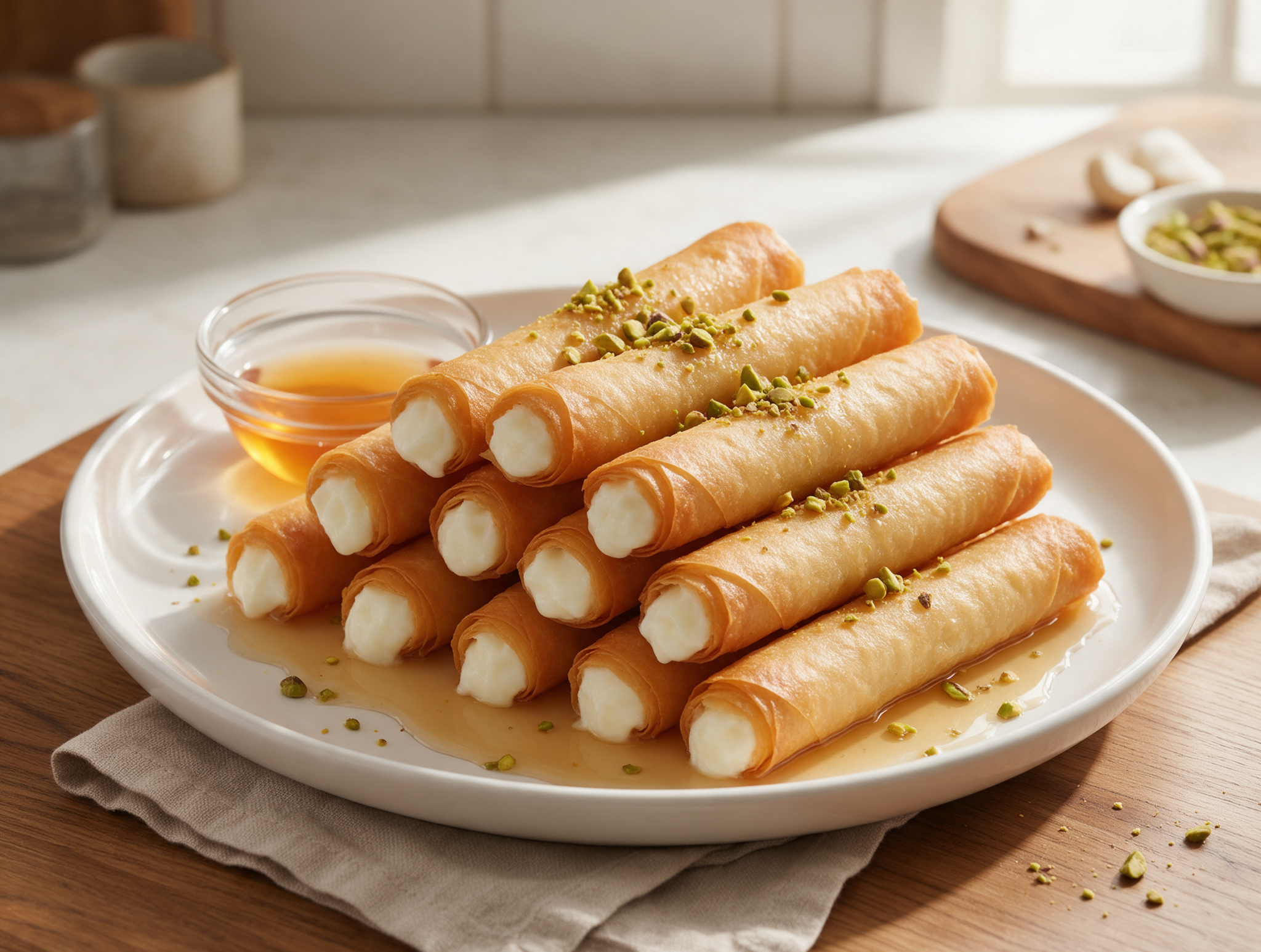 Golden fried znoud el sit stacked on a white platter, syrup pooling underneath and crushed pistachios scattered on top.