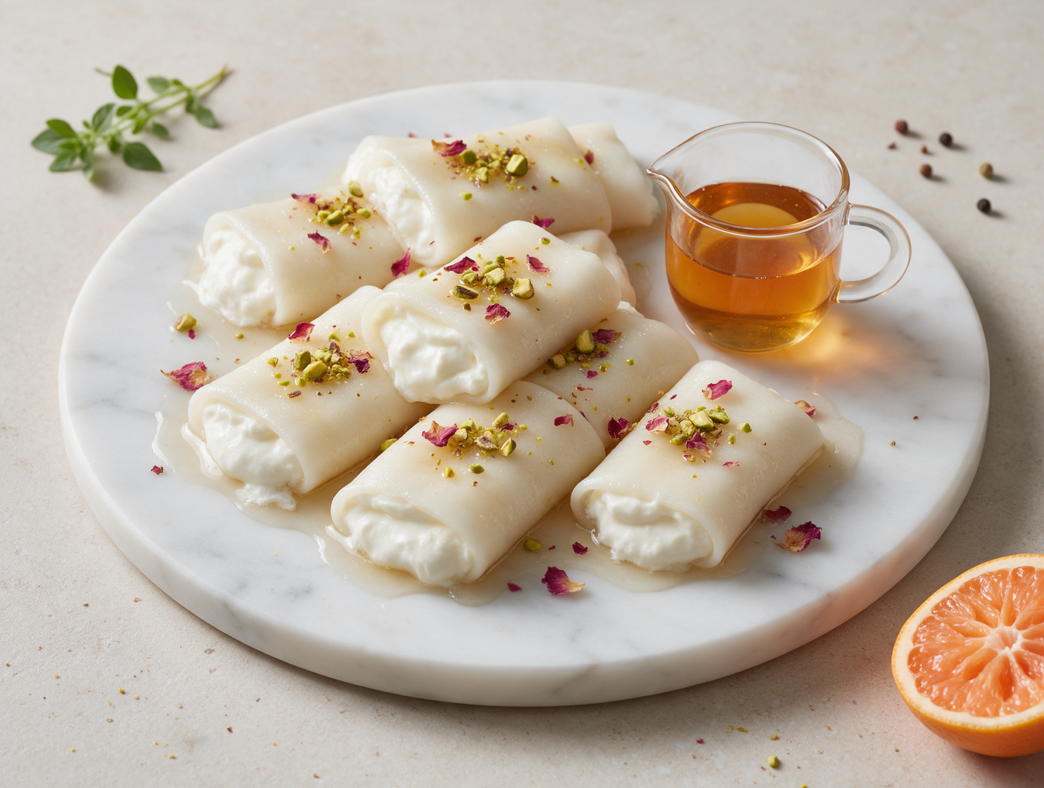 Rows of halawet el jibn cheese rolls dusted with crushed pistachio and rose petals on a white marble platter.