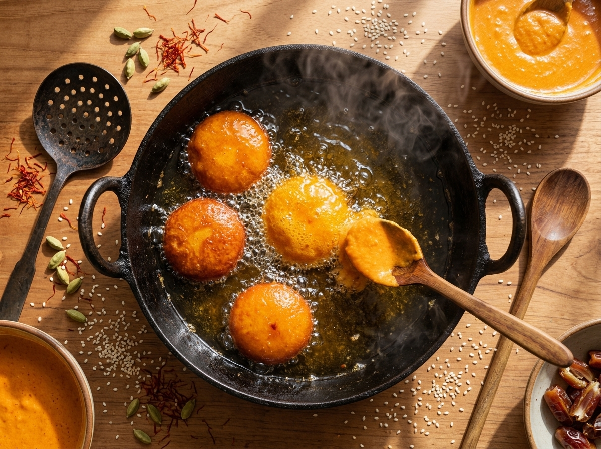 Spoonfuls of saffron cardamom batter frying in a pot of hot oil, cakes turning deep golden brown with steam rising.