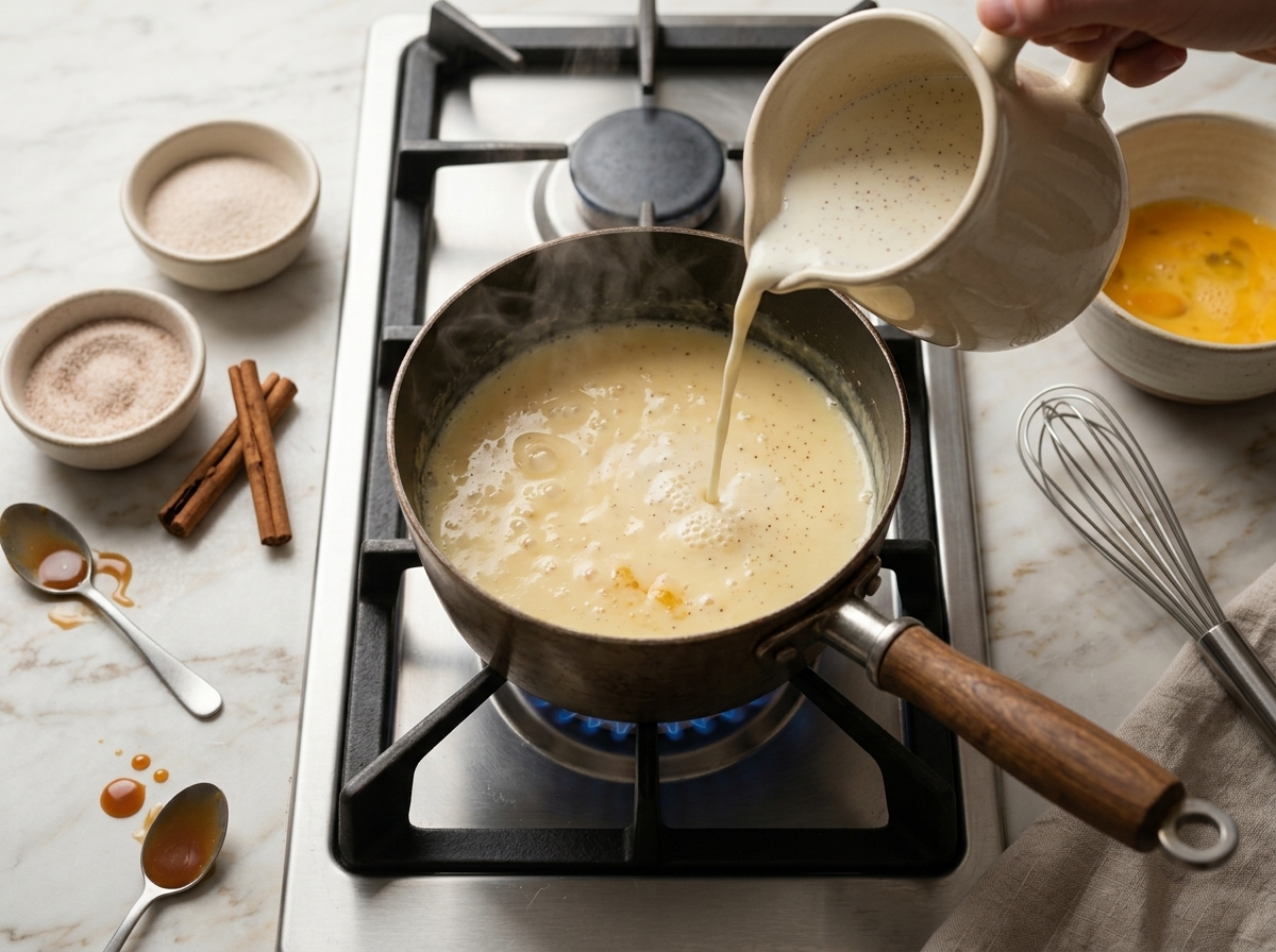 Warm cinnamon milk being poured into whisked eggs and sugar in a glass bowl, steam rising over a marble counter