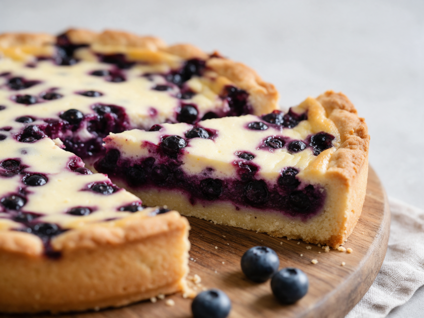 Sliced mustikkapiirakka on a wooden board showing juicy blueberry filling and a golden custard-topped crust.