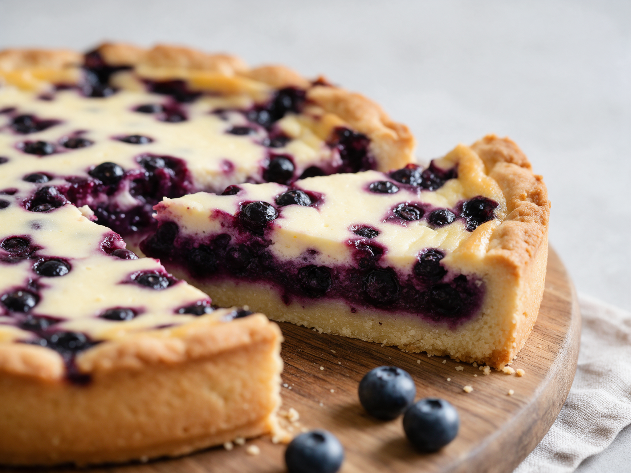 Sliced mustikkapiirakka on a wooden board showing juicy blueberry filling and a golden custard-topped crust.