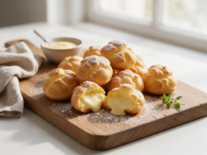 Close-up of golden princes krofne dusted with powdered sugar, custard peeking from a split puff on a wooden board.