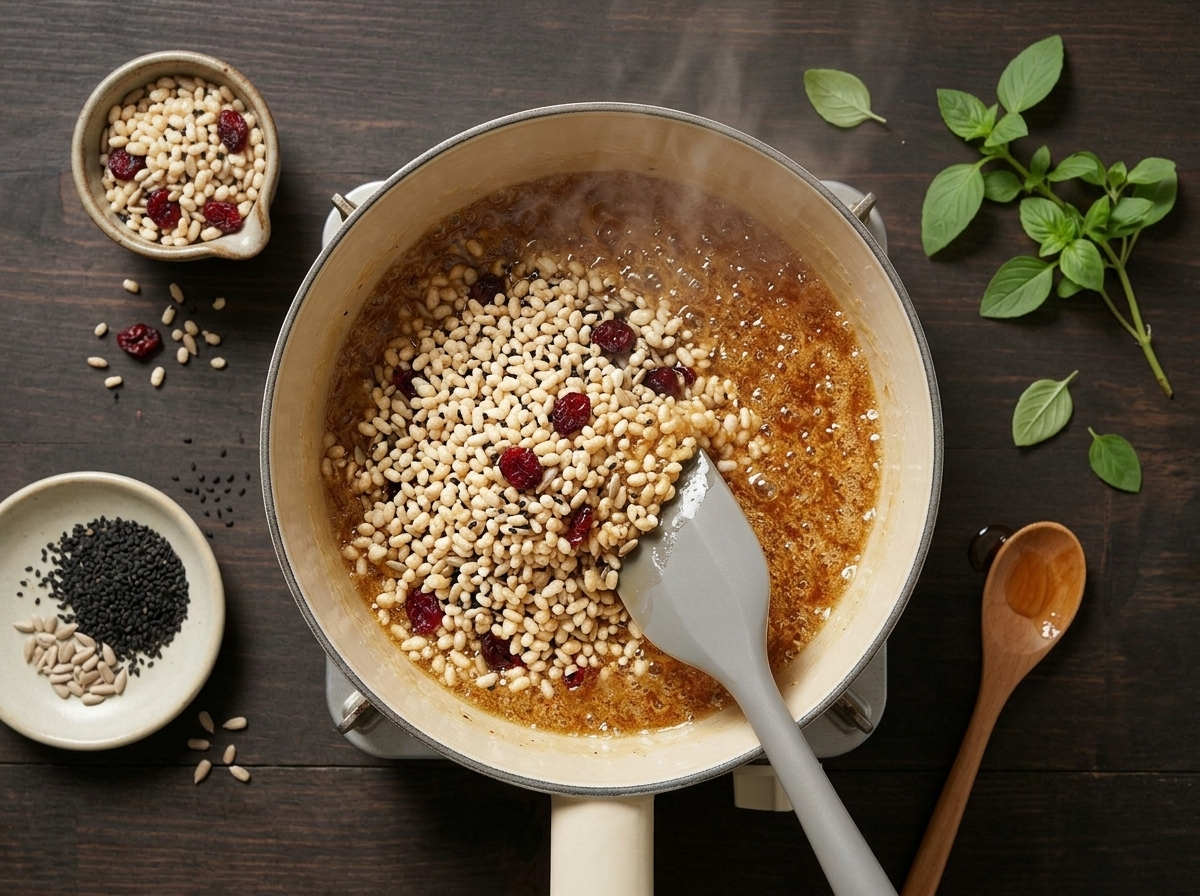 Close-up of a spatula folding puffed rice and toasted seeds into bubbling amber syrup in a saucepan.