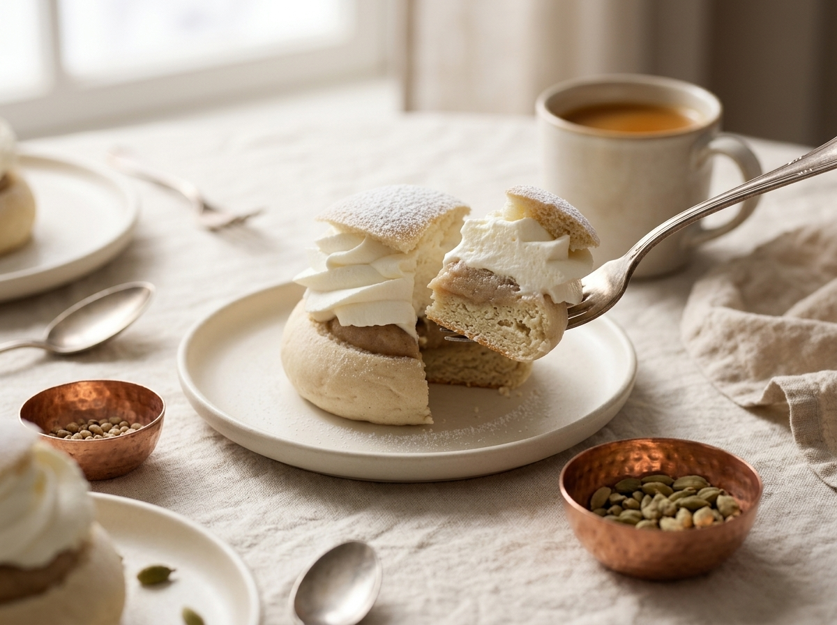 Platter of powdered-sugar-dusted semlor buns on a linen table next to two mugs of coffee and cardamom pods.