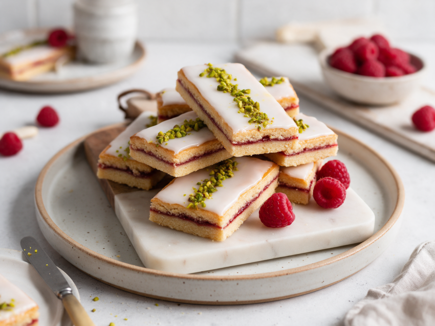 Stacked Danish raspberry bars with glossy white glaze and chopped pistachios on a marble board in soft light