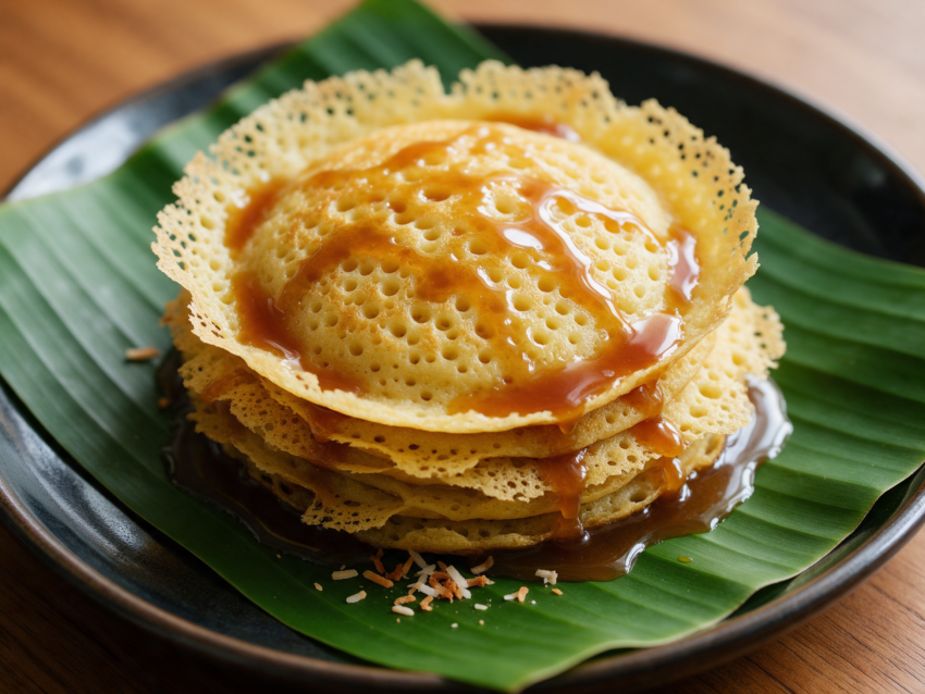 Stack of golden-edged serabi pancakes on a banana leaf, warm palm sugar syrup pooling around the base.