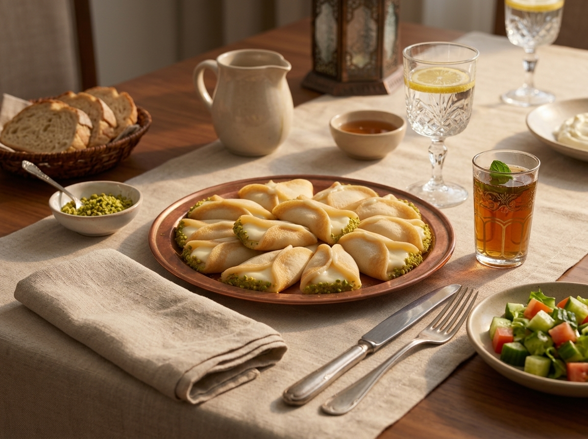 A hand reaching for pistachio-crusted atayef asafiri beside a glass of tea on a woven breakfast tray.