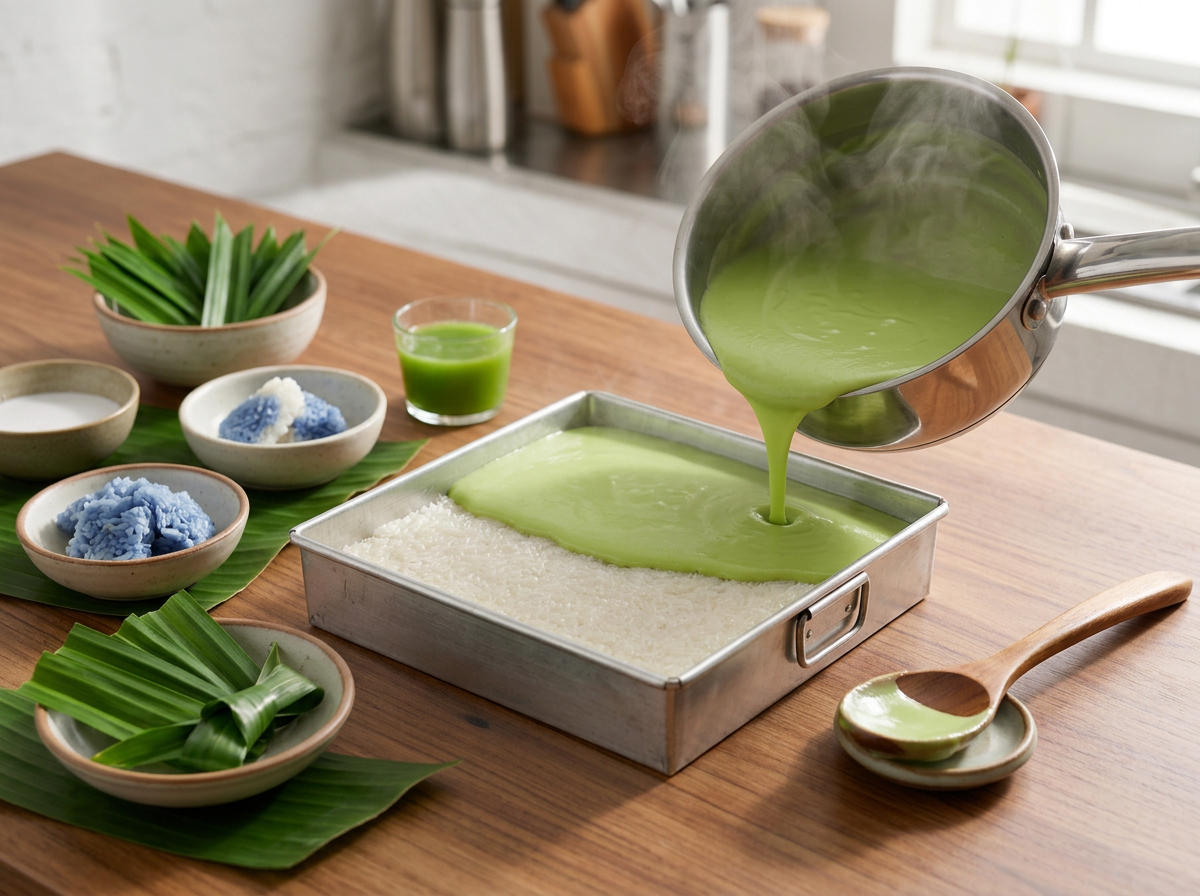 Pouring cooked pandan custard over steamed glutinous rice packed into a square pan before the final steam.