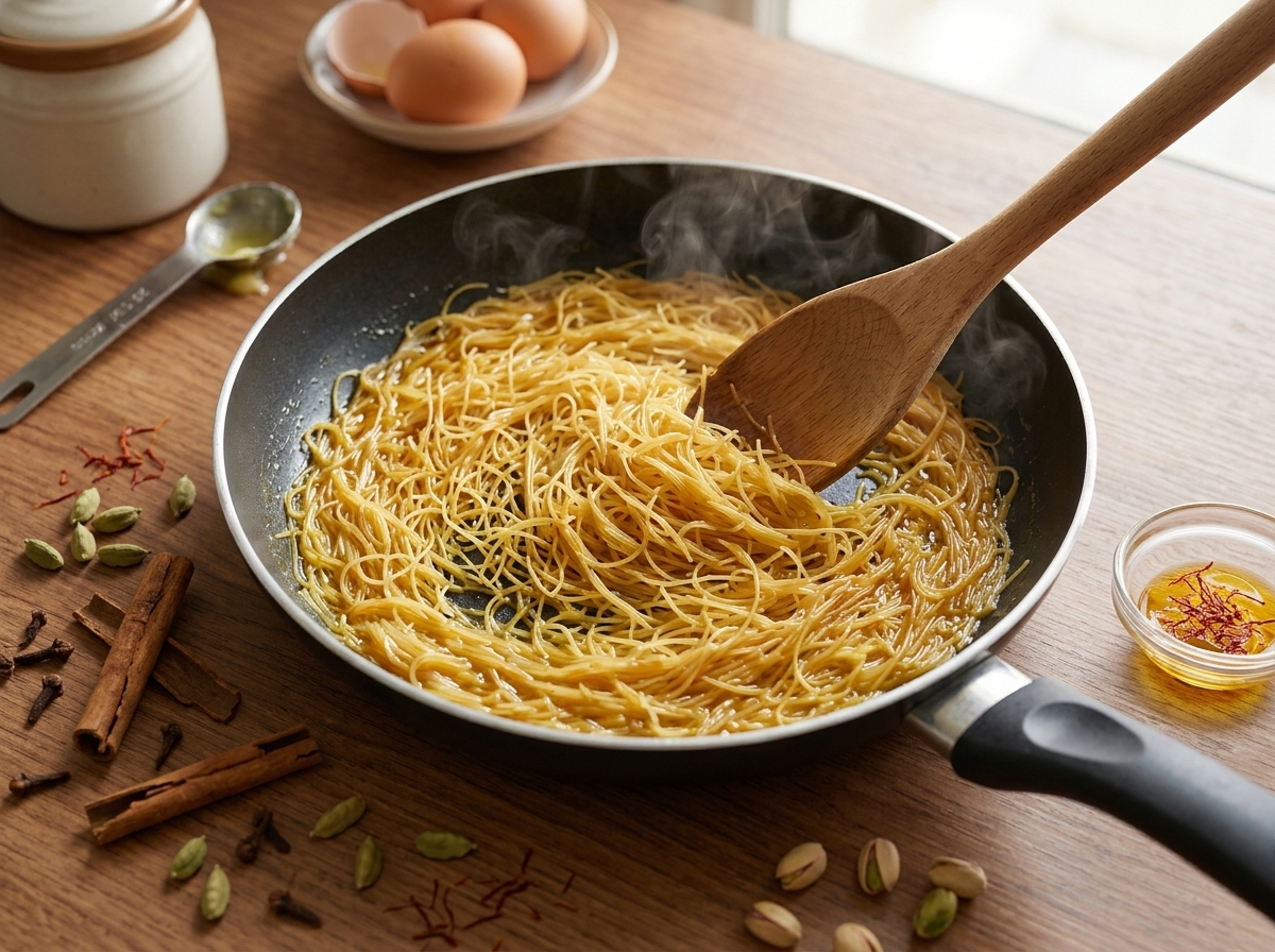 Vermicelli noodles toasting in ghee in a nonstick skillet, turning golden before saffron water and sugar are stirred in