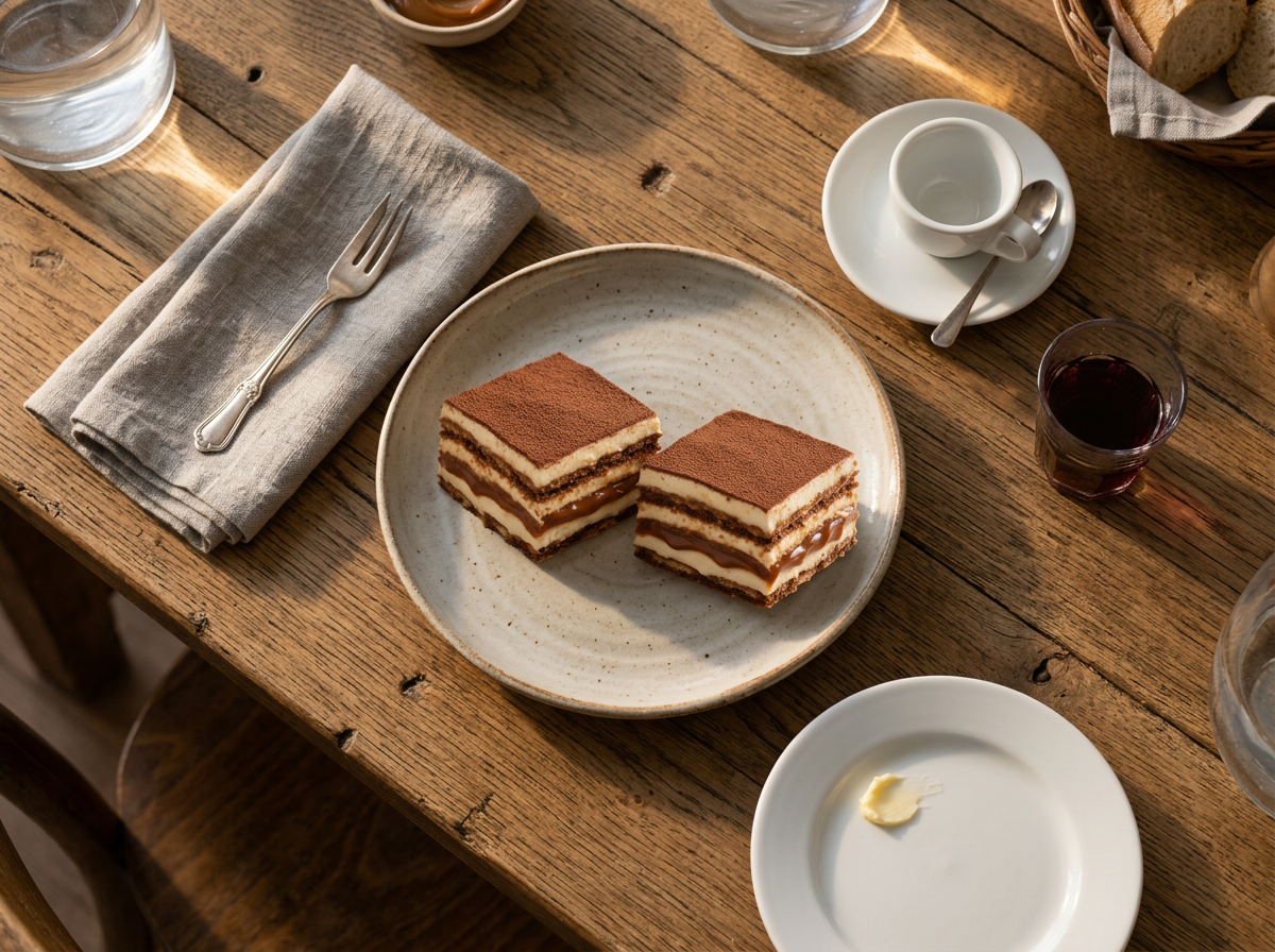 Two chocotorta squares plated with small espresso cups on a linen-covered table in warm afternoon light.