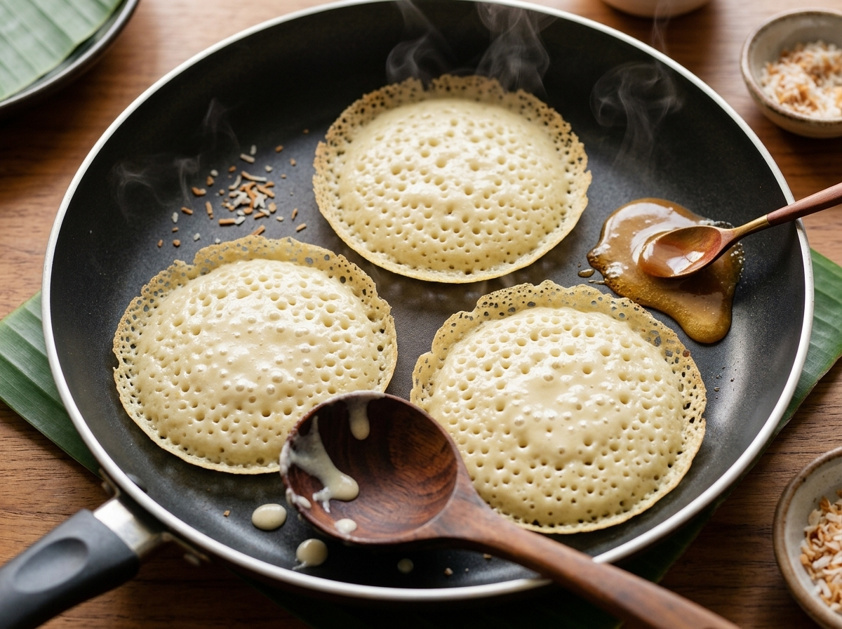 Ladle pouring coconut rice batter into a hot skillet, three lacy-edged rounds bubbling under a glass lid.