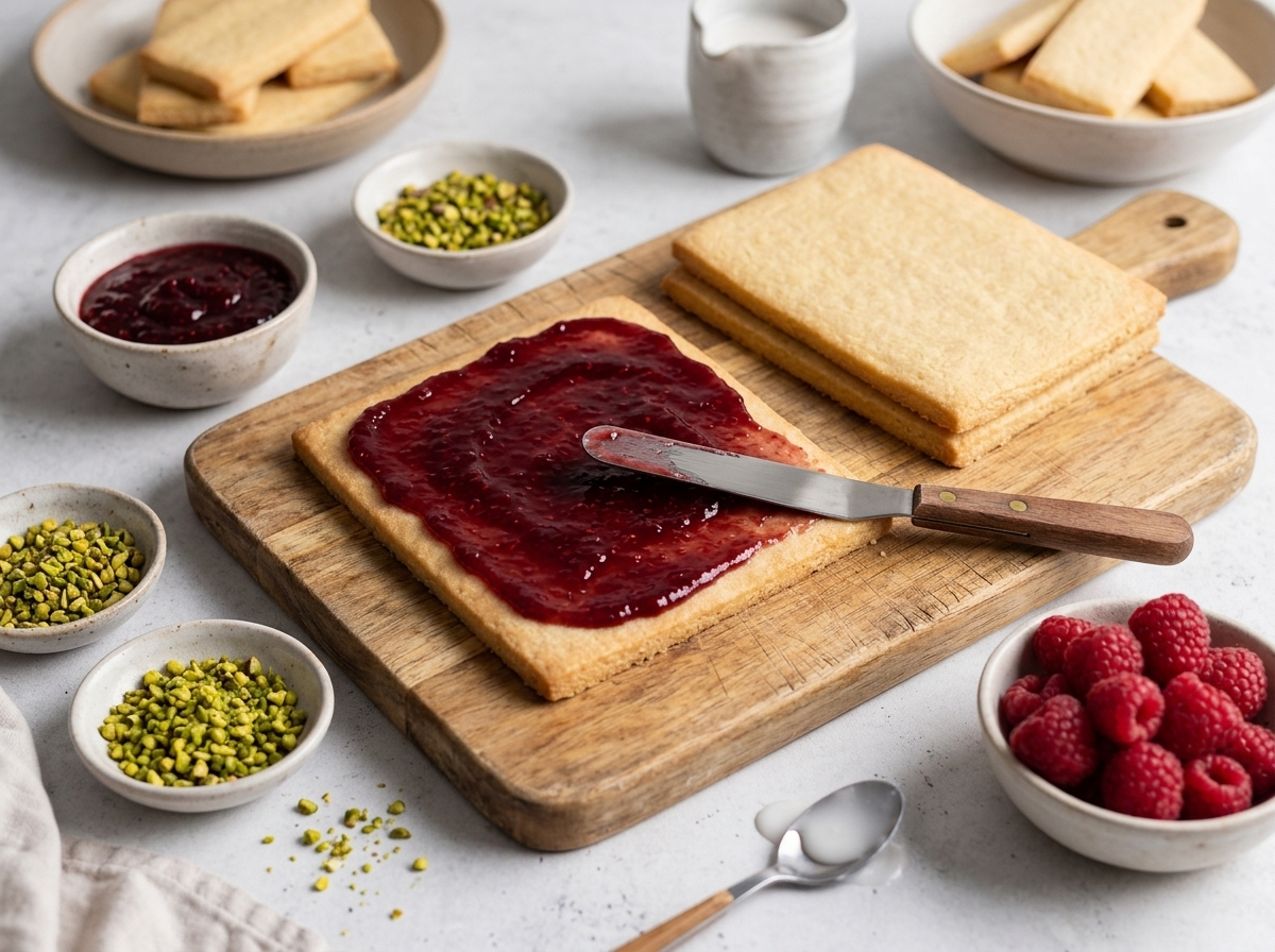 Hand spreading raspberry jam over a baked golden pastry sheet on a wooden board with a spatula nearby