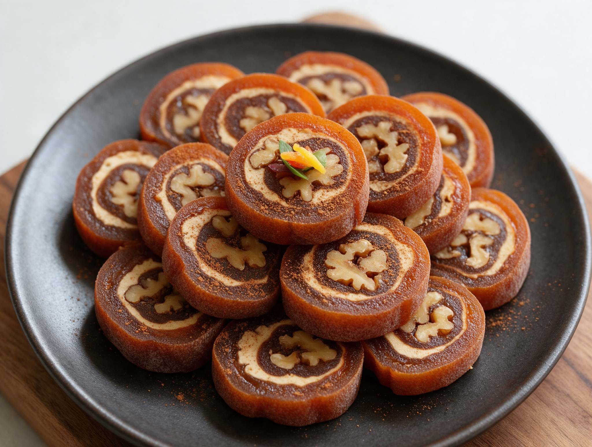Sliced gotgamssam pinwheels stacked on a dark plate, showing the walnut spiral inside each dried persimmon round.