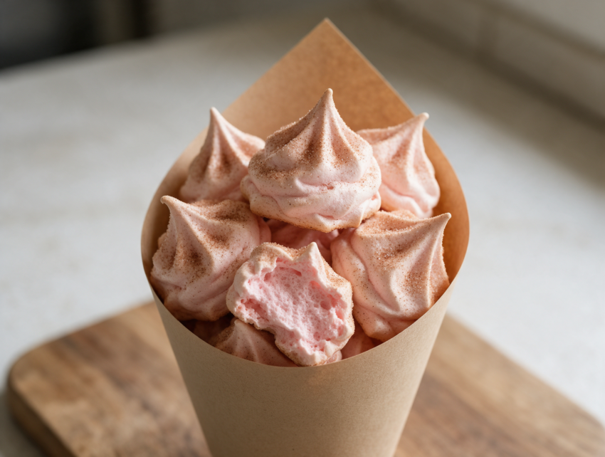 Pink guava meringue espumillas piled in a paper cone, dusted with cinnamon sugar on a rustic wooden table