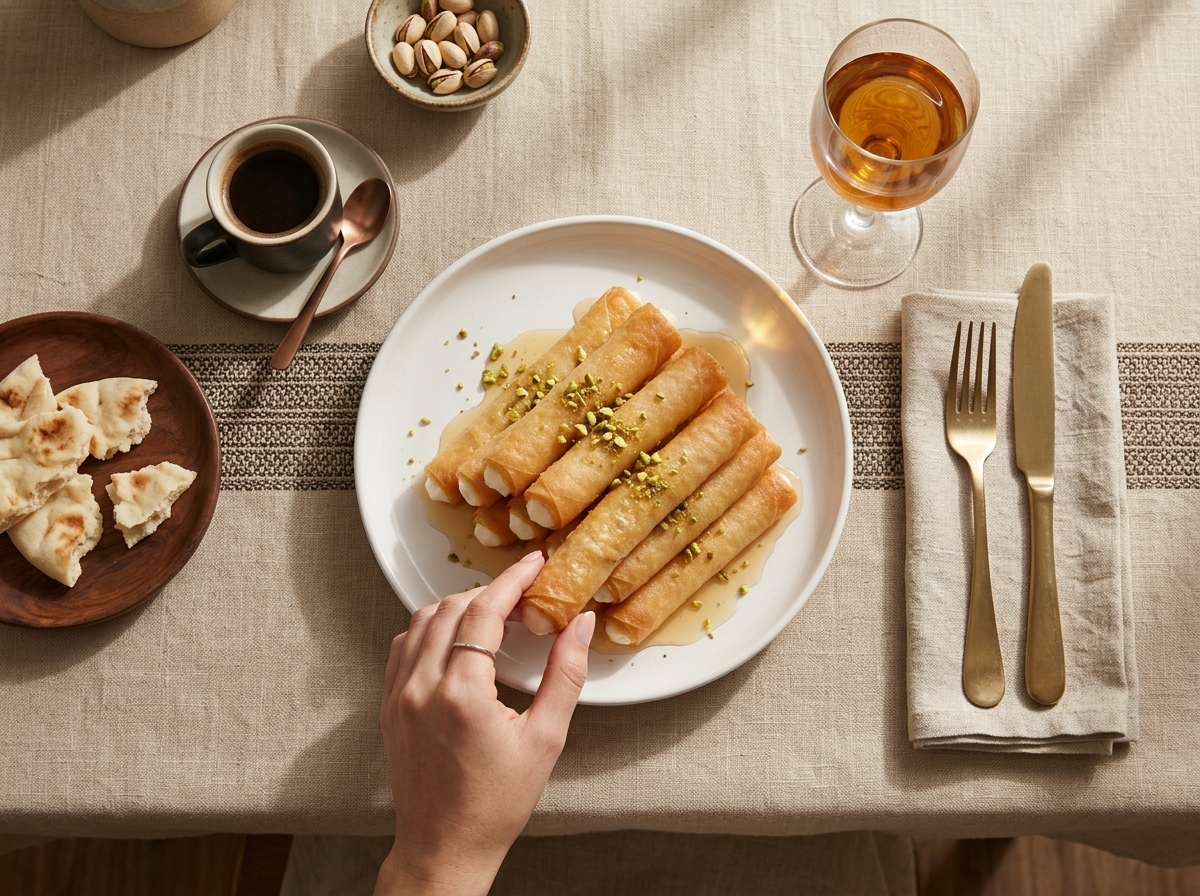 A plate of syrup-dipped znoud el sit next to a small cup of Lebanese coffee on a linen-covered table.