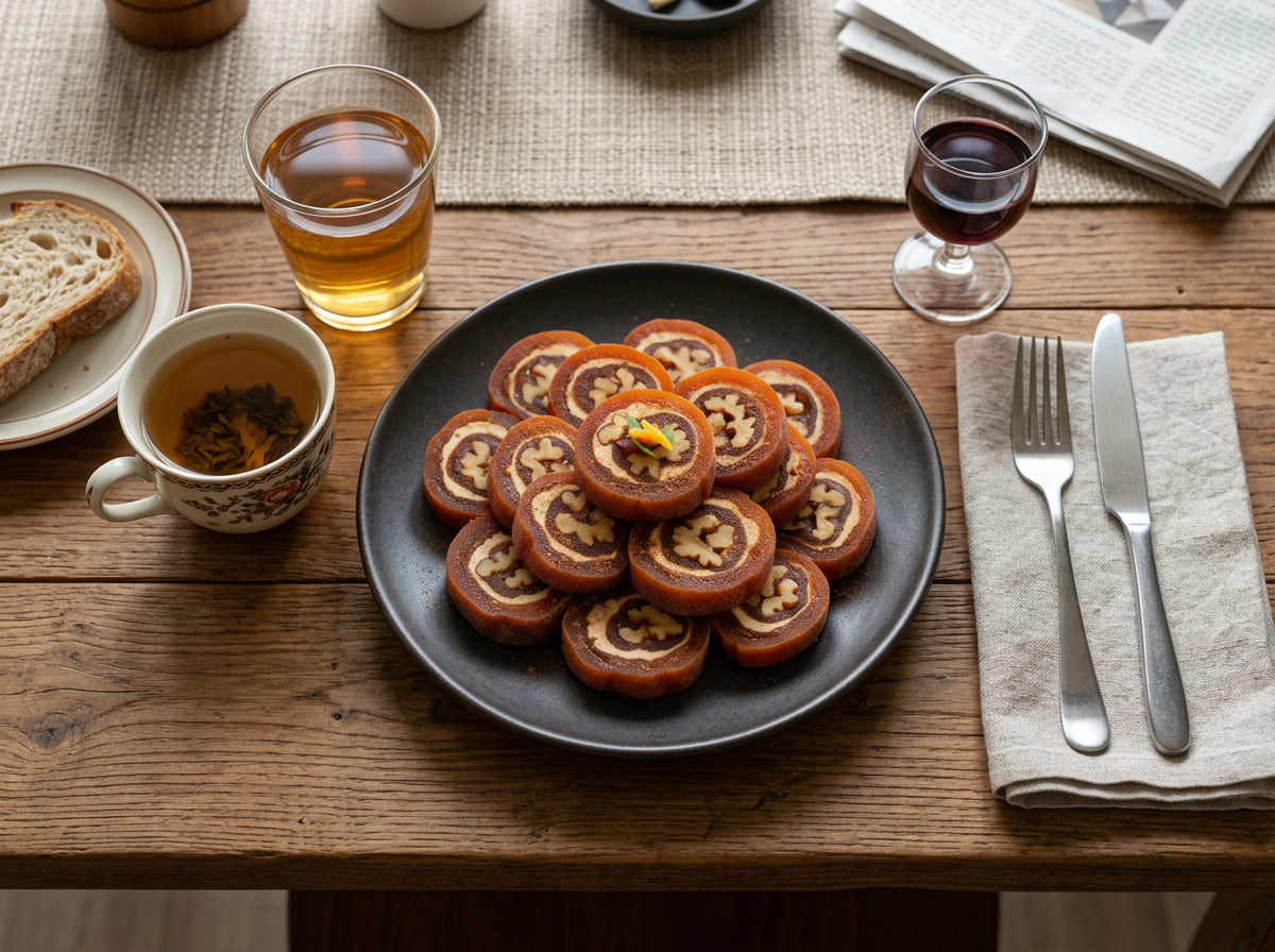 A small plate of persimmon walnut pinwheels beside a warm cup of barley tea on a linen-covered table.