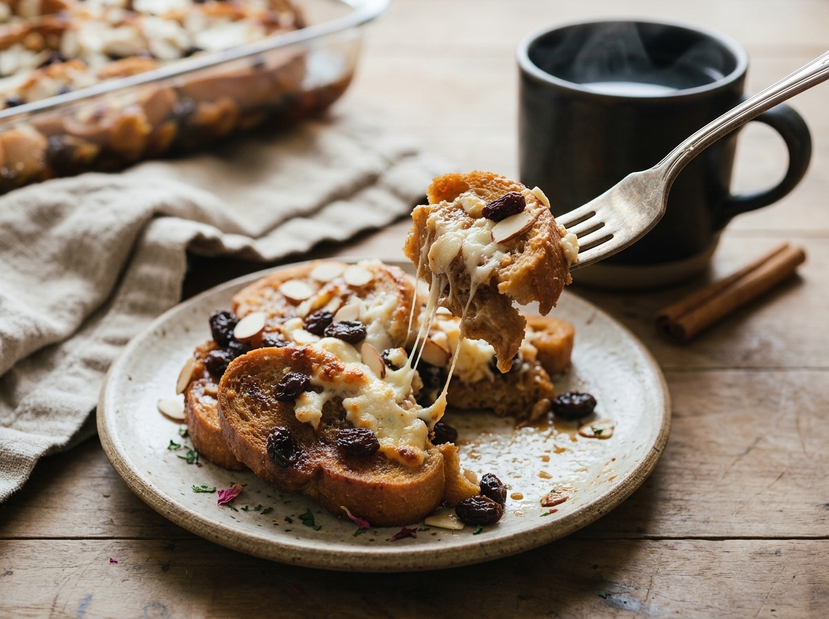 A hand spoons warm capirotada onto a plate at a sunlit table set with a linen napkin and a mug of coffee