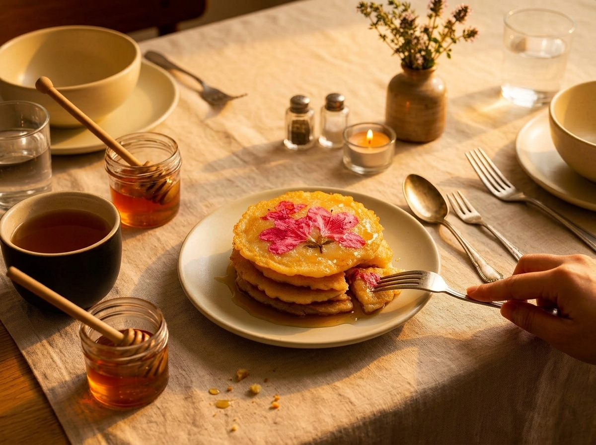 Hands holding a cup of barley tea beside a plate of flower pancakes on a linen-covered table in soft afternoon light