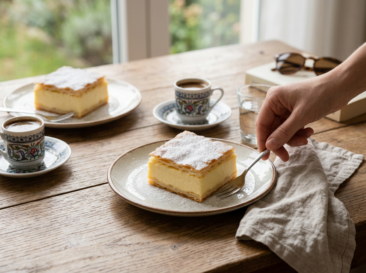 Two plates of krempita beside a small cup of coffee on a wooden table, morning light, a fork resting on the plate