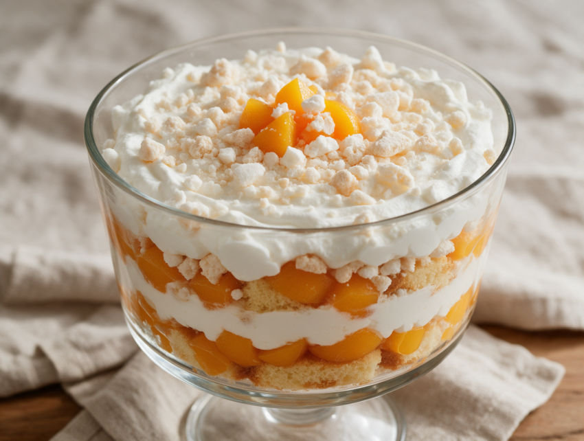 Glass trifle dish layered with golden sponge cake, whipped cream, diced peaches, and crushed meringue, top-down on a linen cloth