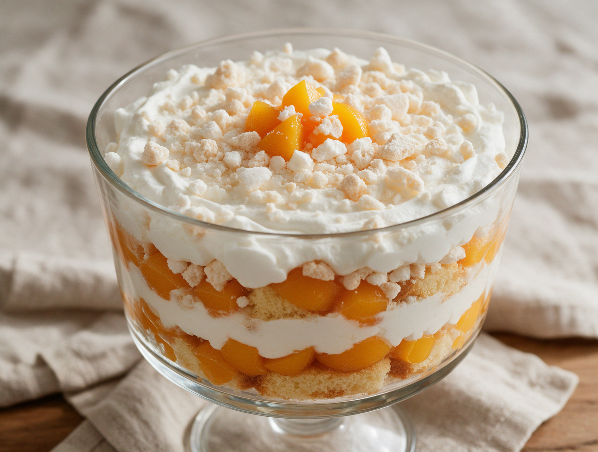 Glass trifle dish layered with golden sponge cake, whipped cream, diced peaches, and crushed meringue, top-down on a linen cloth