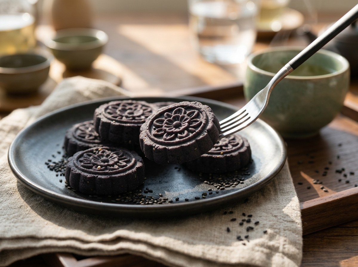 Small hand reaching for a black sesame dasik cookie next to a steaming cup of green tea on a linen-covered table