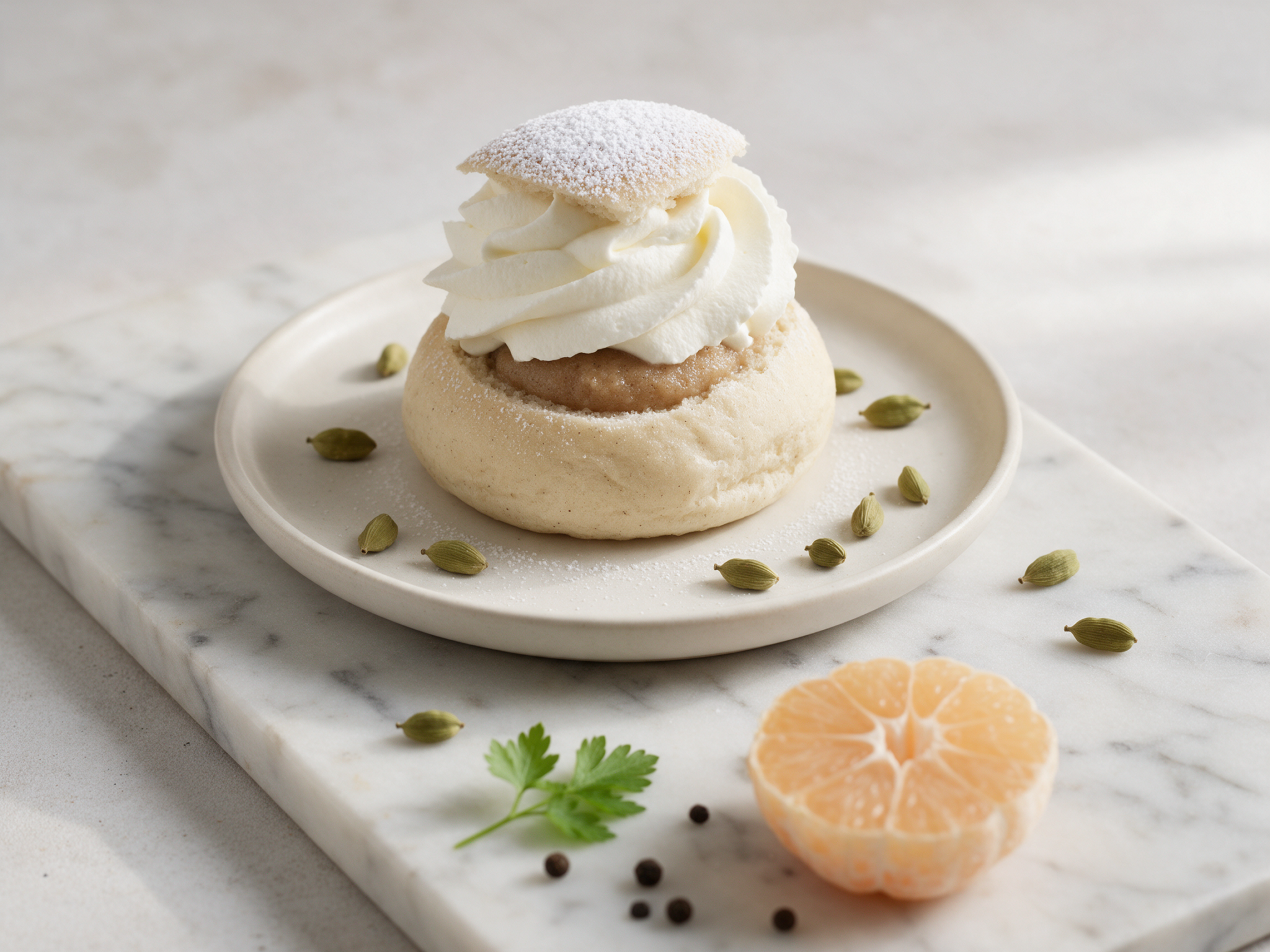 Split semlor bun on a marble board showing almond paste filling under a tall swirl of whipped cream and powdered sugar.