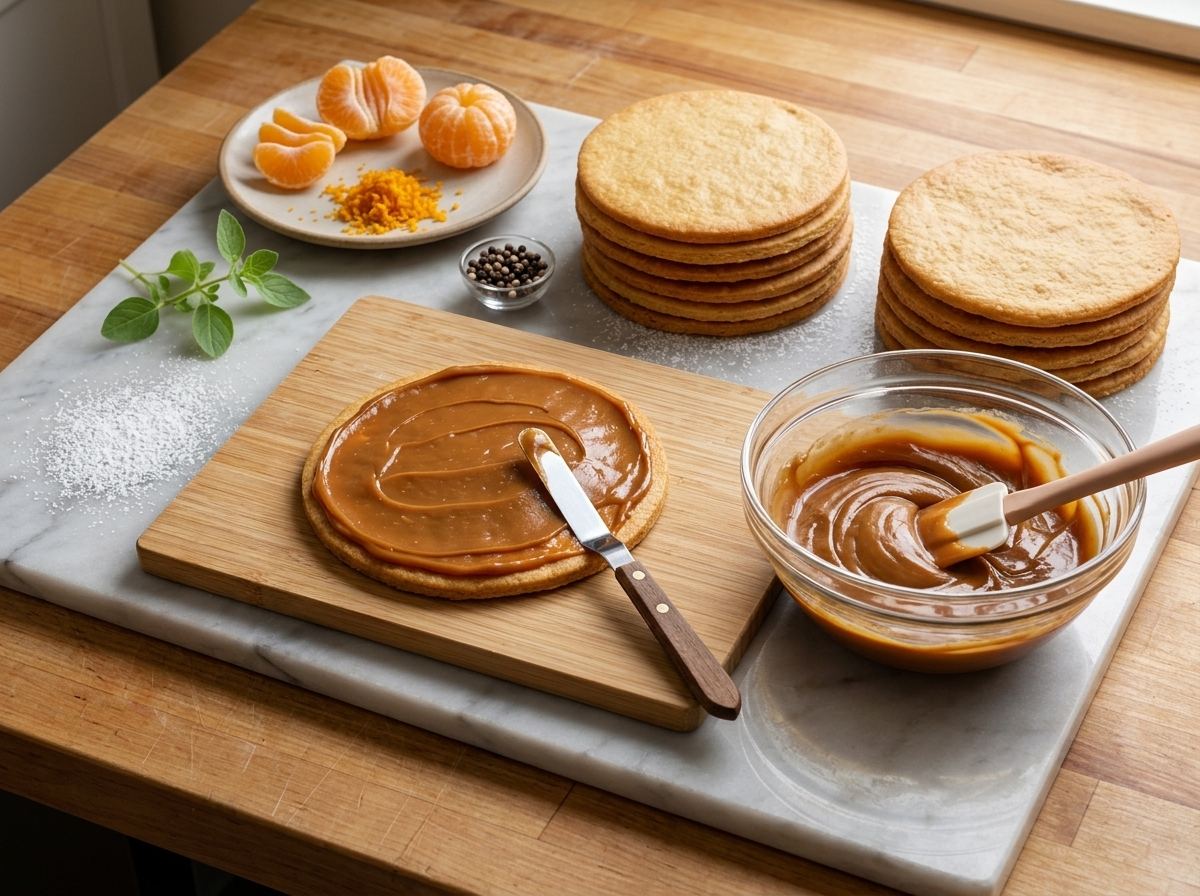 Hands spreading dulce de leche with a spatula over a warm baked pastry round, cooled golden rounds stacked on a wooden board nearby
