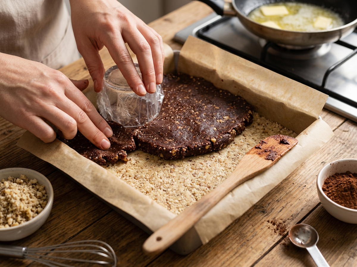 Hands pressing a dark cocoa walnut dough over a plain layer in a parchment-lined square baking pan.