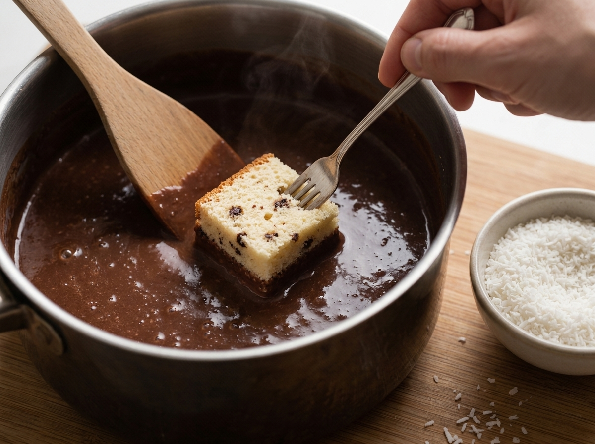 Hand dipping a sponge cube into warm chocolate glaze in a saucepan before rolling it in shredded coconut.