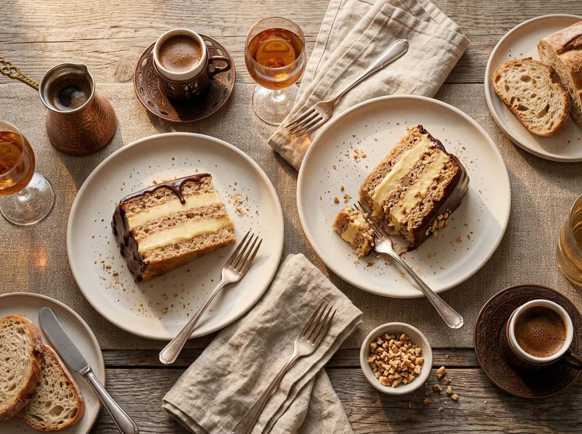 Two plates of reform torta with forks and small coffee cups on a linen tablecloth, one slice half-eaten