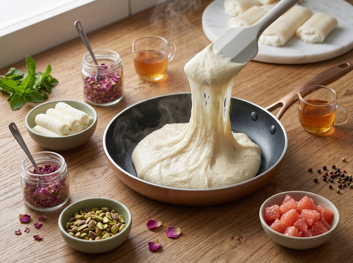 Stretchy mozzarella and semolina dough being pulled with a spatula in a skillet, glossy and pale gold in color.