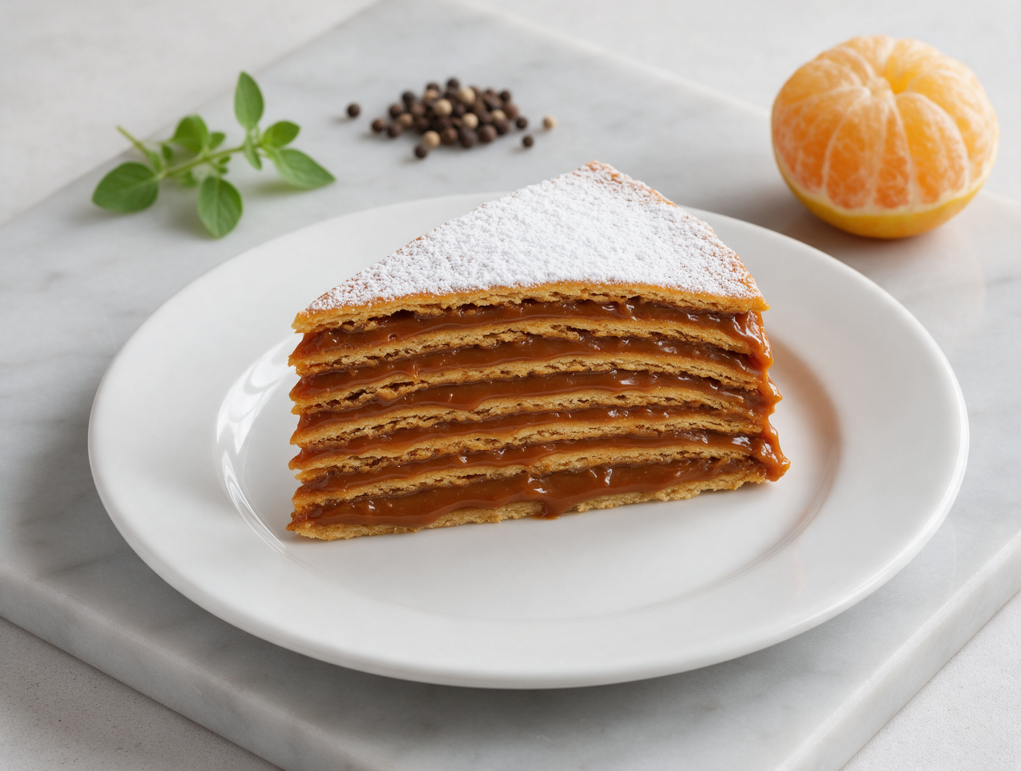 Sliced torta chilena on a marble board showing eight thin golden layers glued with dulce de leche and dusted with powdered sugar