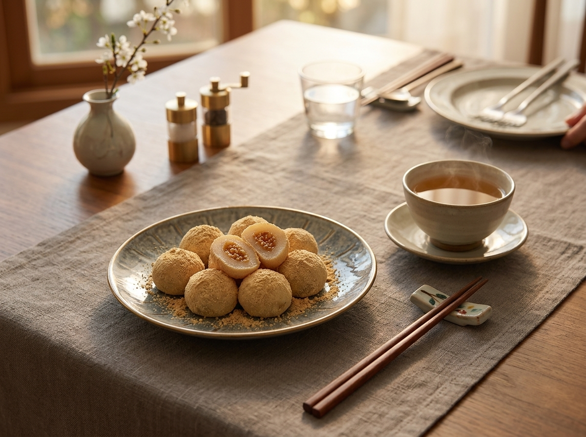 A small plate of gyeongdan rice balls paired with barley tea on a linen-topped table in warm afternoon light.
