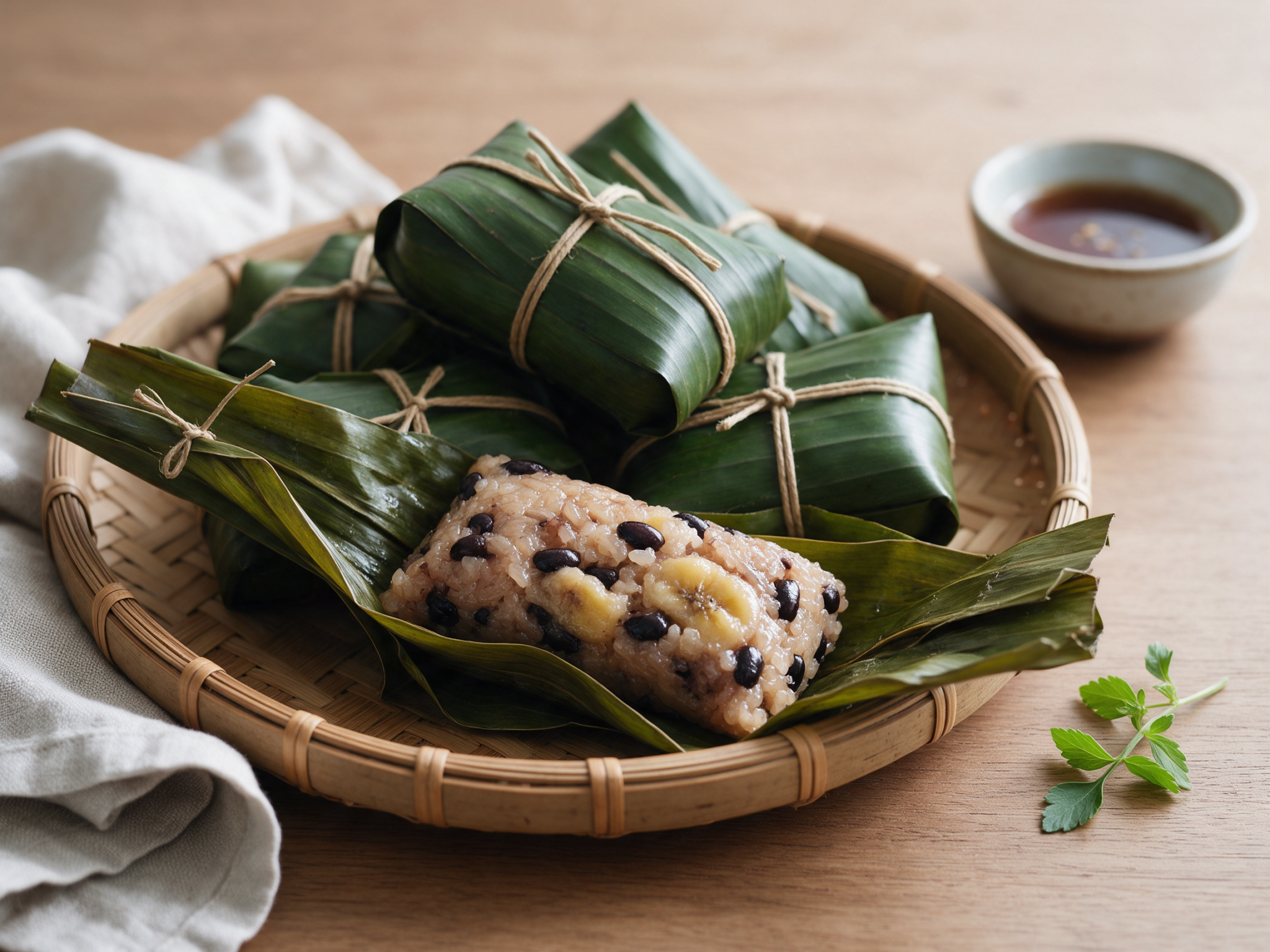 Sliced khao tom mad parcel on a banana leaf, showing glossy coconut sticky rice wrapped around a ripe banana.