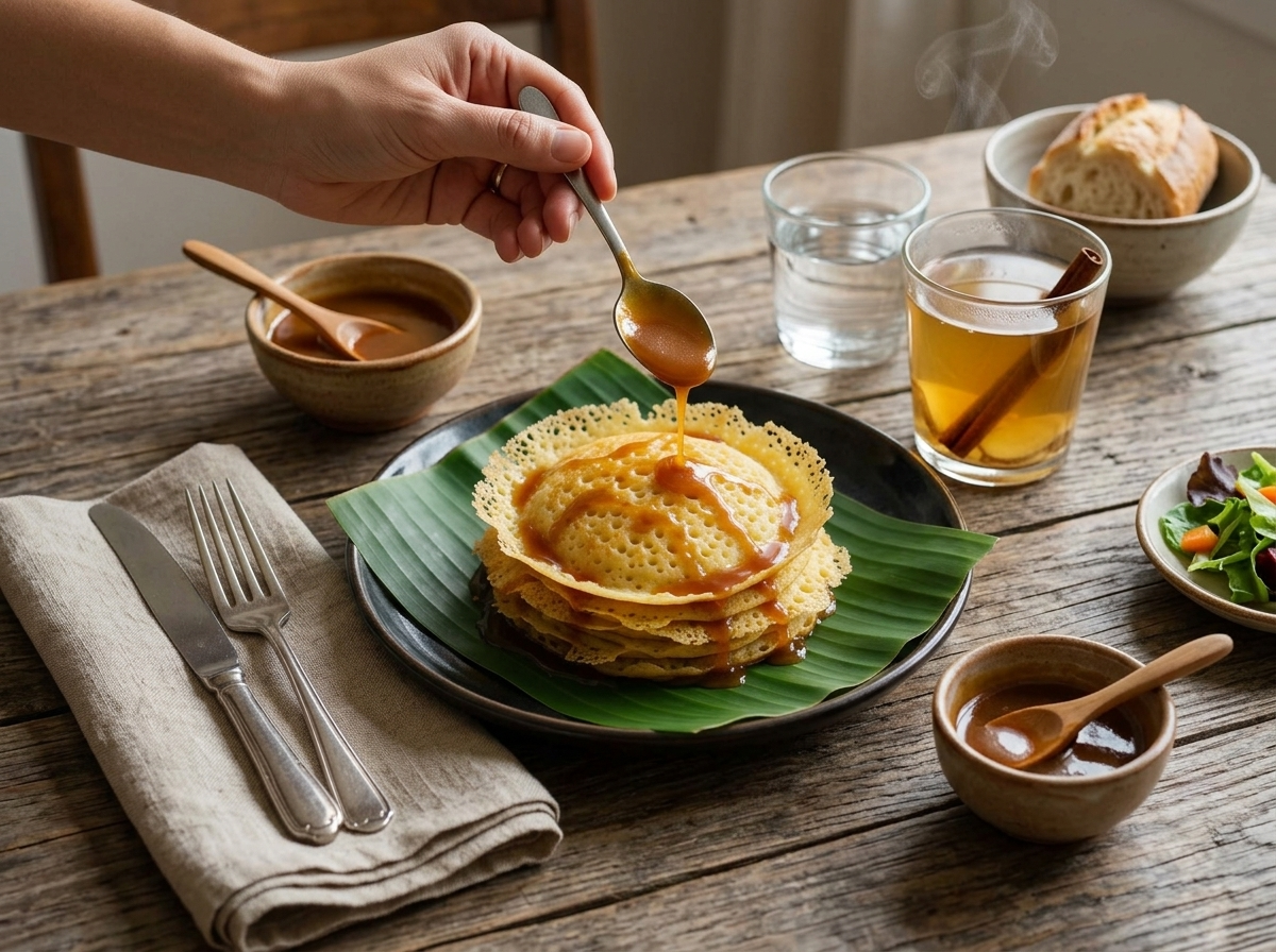 Hand spooning warm kinca syrup over stacked serabi at a wooden table with a cup of ginger tea nearby.