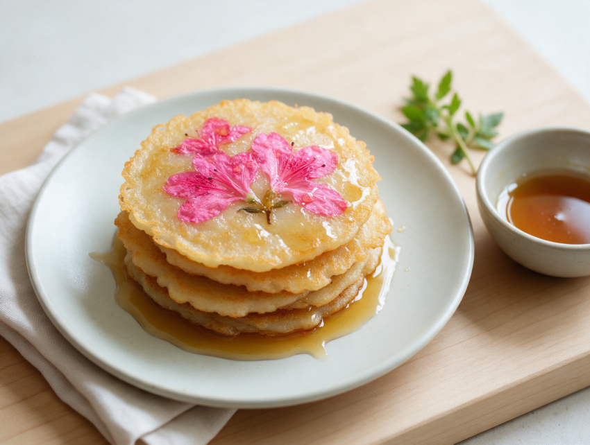 Golden hwajeon pancakes stacked on a white plate with pink azalea petals visible and honey syrup pooling underneath