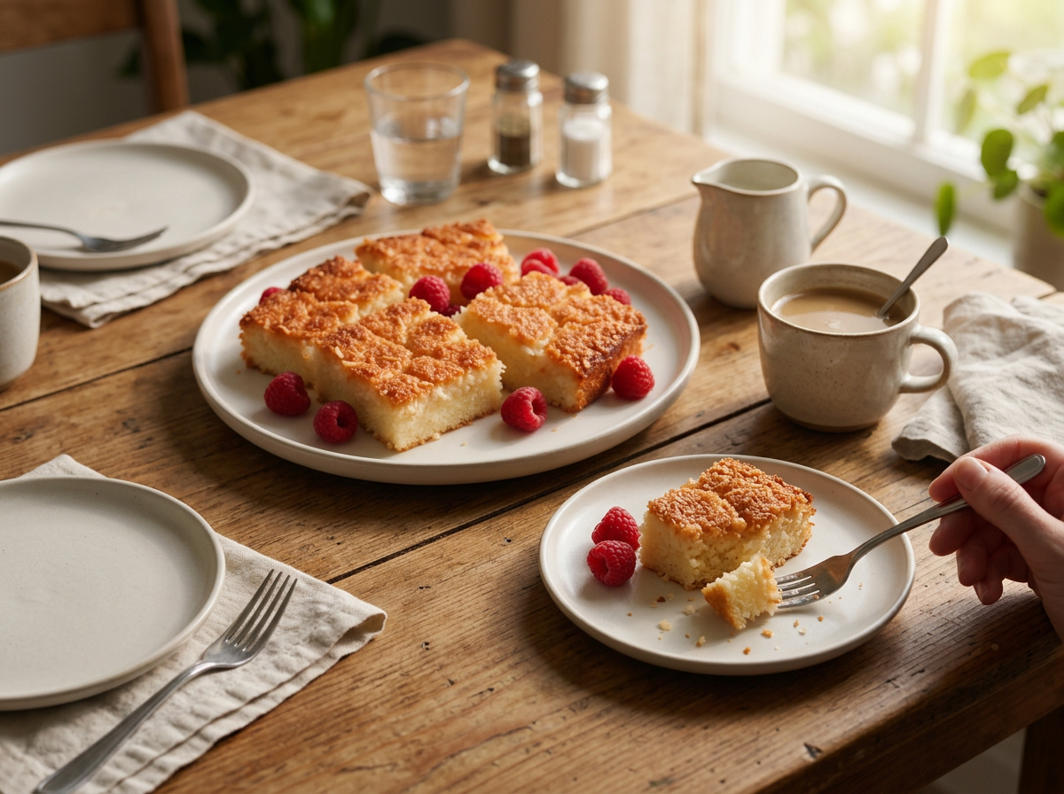 A woman pouring coffee beside a plated slice of drømmekage with berries on a wooden kitchen table