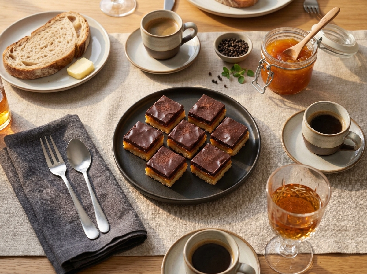 Small plate of chilled ledene kocke squares beside two espresso cups on a linen-topped table.