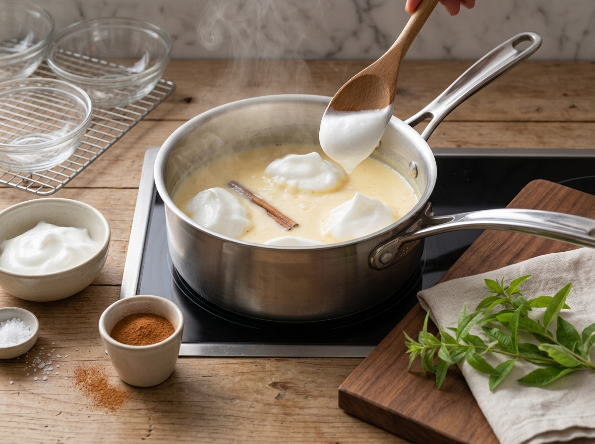 Wooden spoon lowering a dollop of glossy meringue into barely simmering cinnamon-milk in a steel saucepan on the stove.